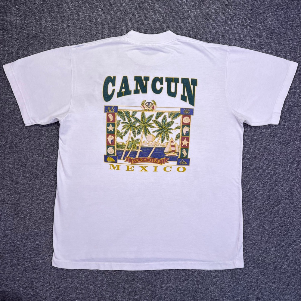 VTG 90s Cancun Mexico Graphic‎ Vacation T-Shirt L Paradise Travel Apparel Retro